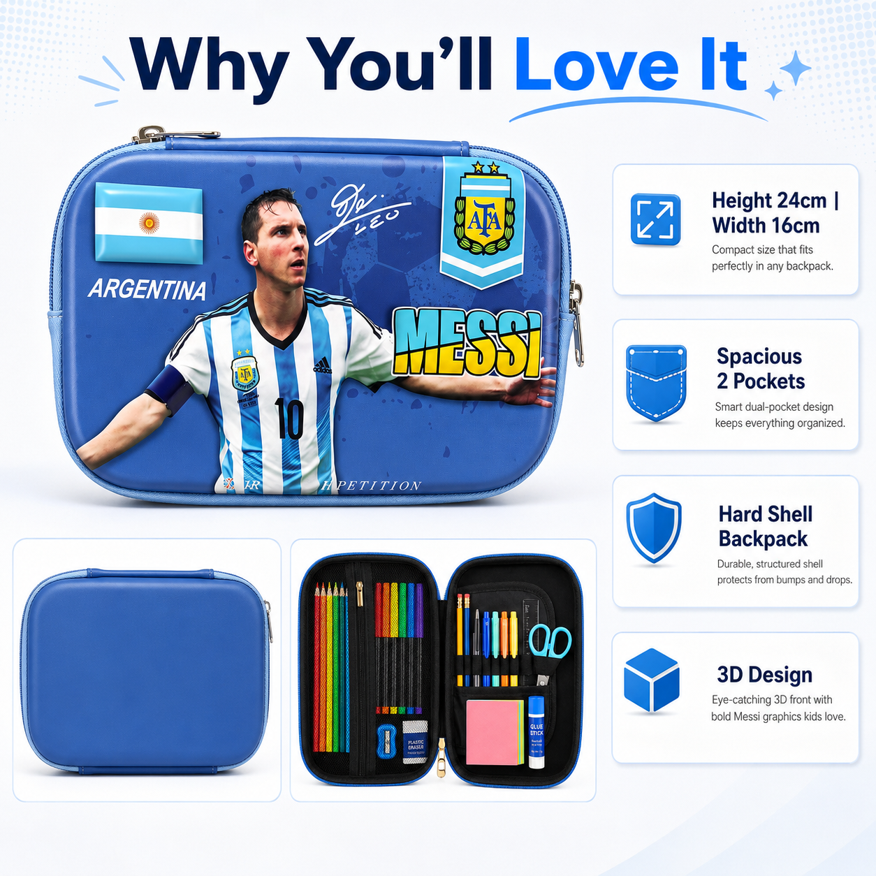 GOAT Mode Messi Hard-Shell Pencil Case – Blue, 24cm