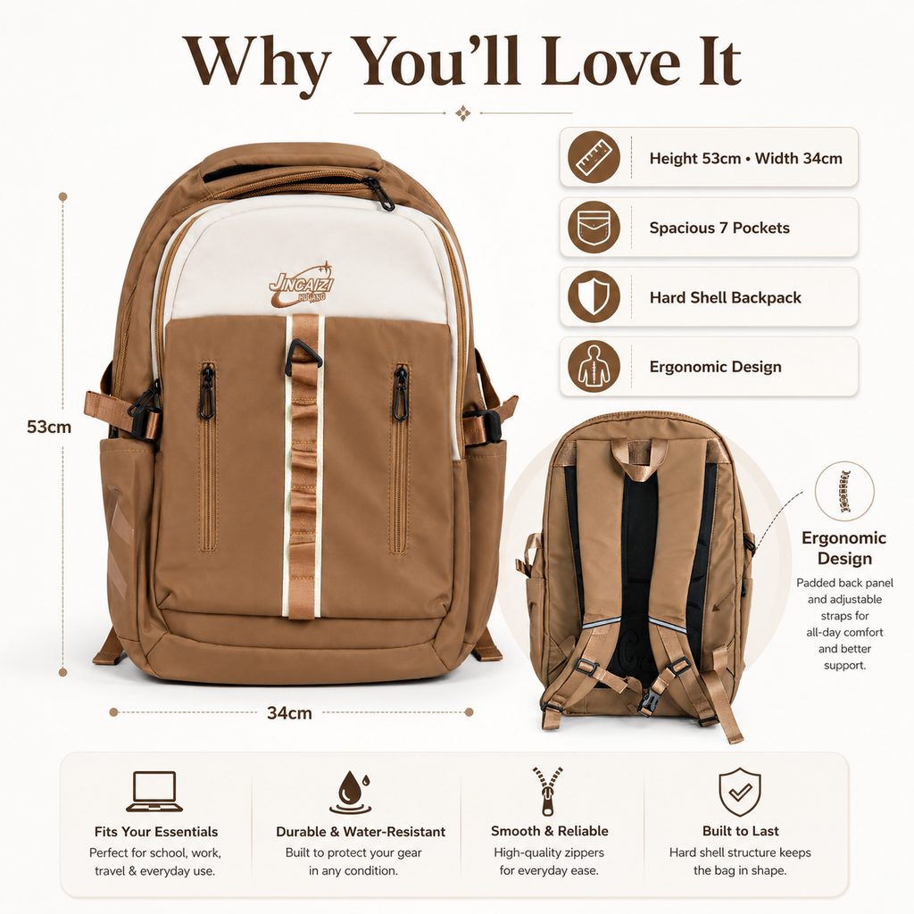 Large 7-Pocket Hard-Shell Backpack – Camel Brown & Cream, 53cm