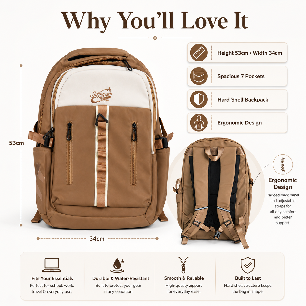Large 7-Pocket Hard-Shell Backpack – Camel Brown & Cream, 53cm