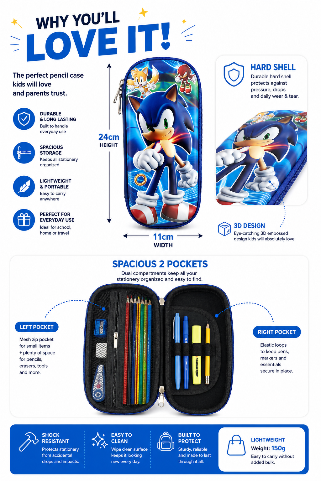 Sonic the Hedgehog 3D Hard-Shell Pencil Pouch – Blue, 24cm