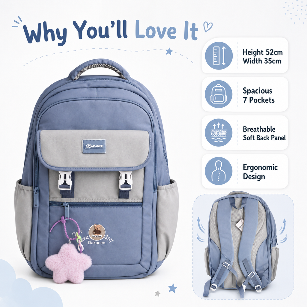 Large 7-Pocket Everyday Backpack with Star Charm – Dusty Blue, 52cm