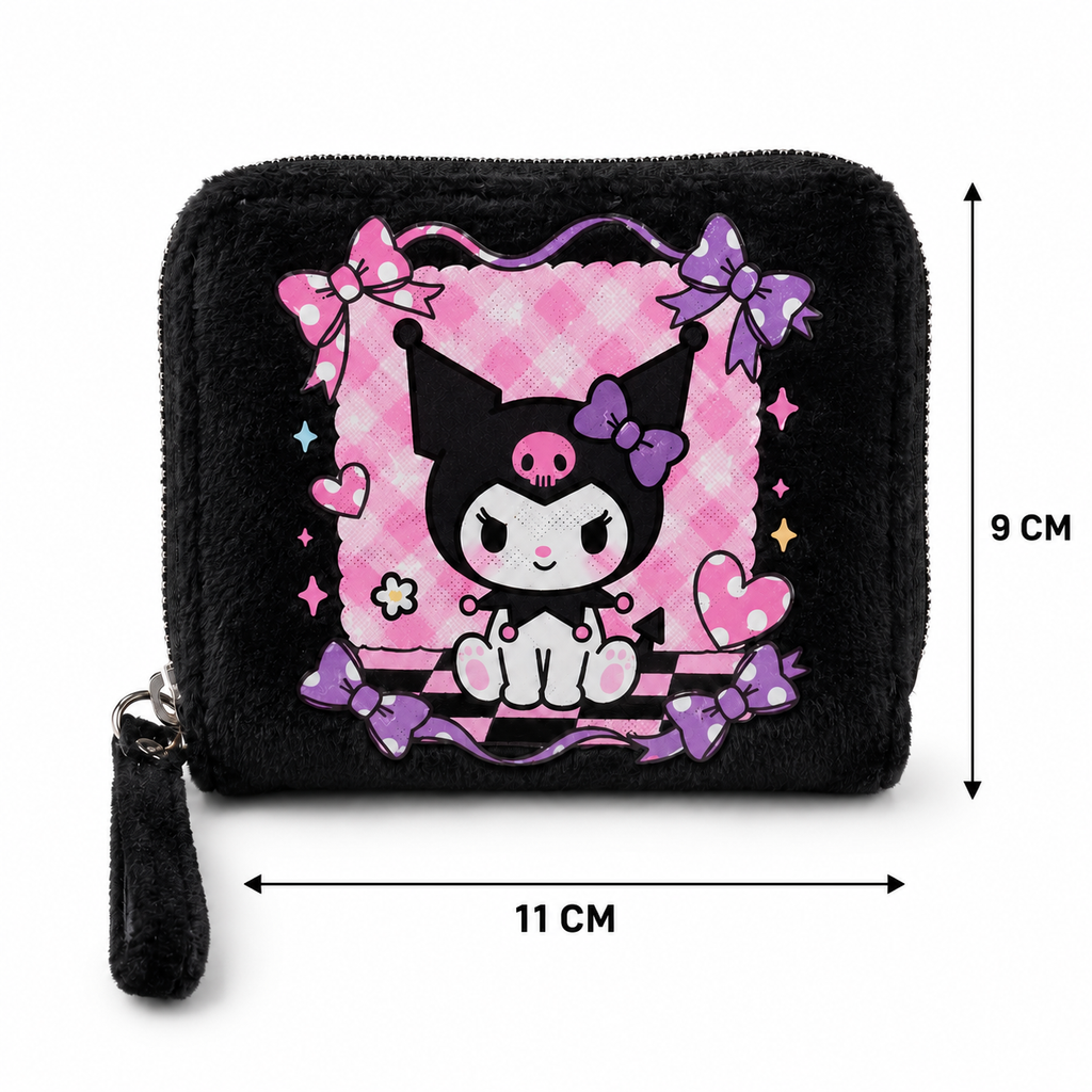 Kawaii Kuromi Fluffy Zip Wallet – Compact Card, Cash & Coin Purse