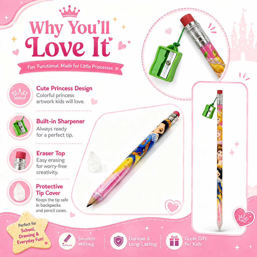 Princess Magic Sharpener Pencil – Cute Princess Pencil with Eraser & Built-In Sharpener