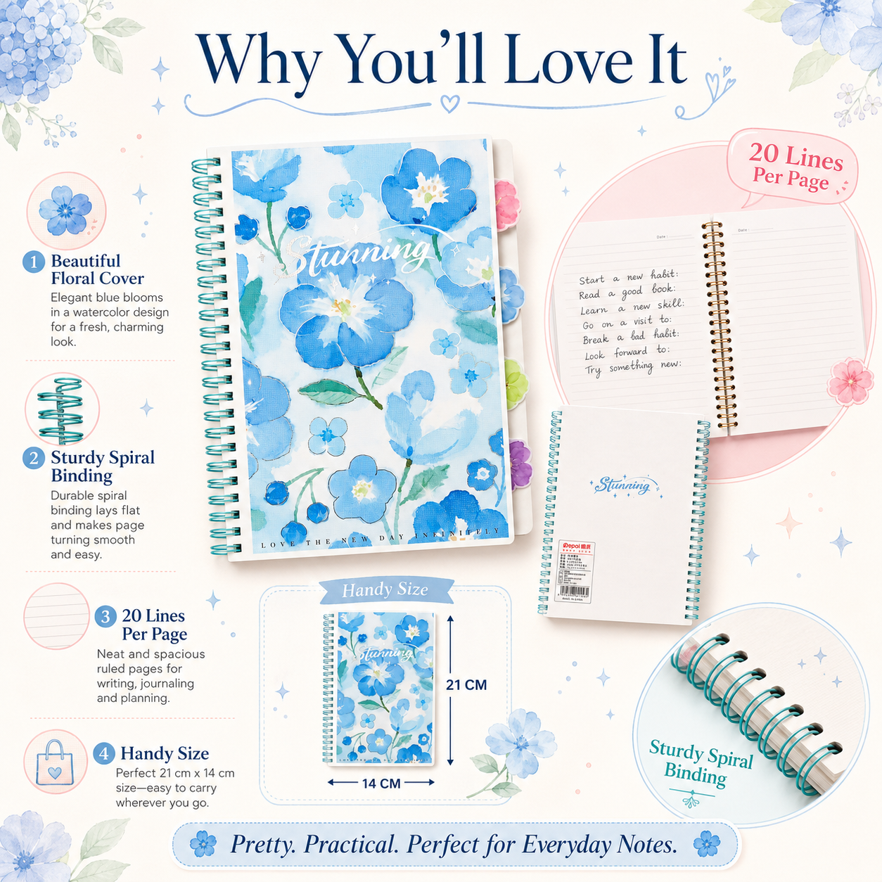 Stunning Blue Floral Spiral Notebook – 21cm x 14cm