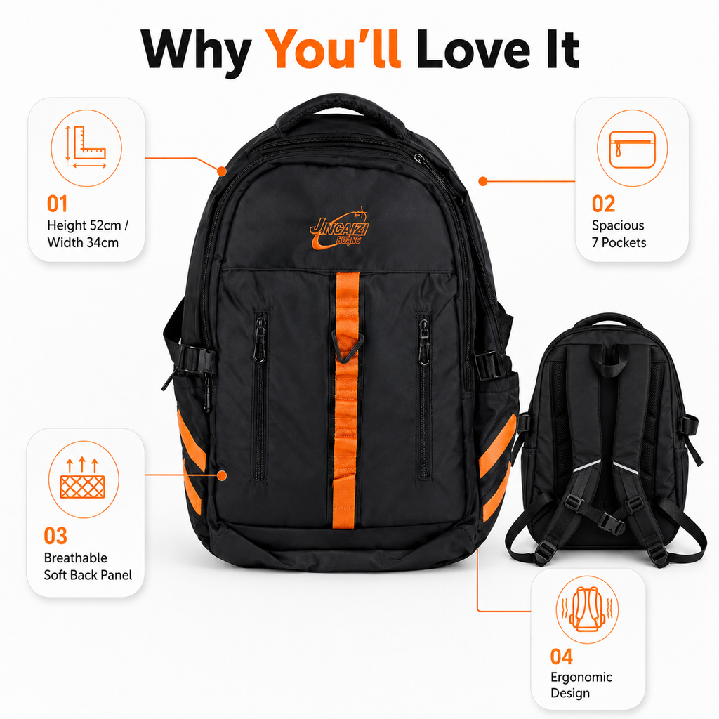 Large 7-Pocket Everyday Backpack – Black & Orange, 52cm