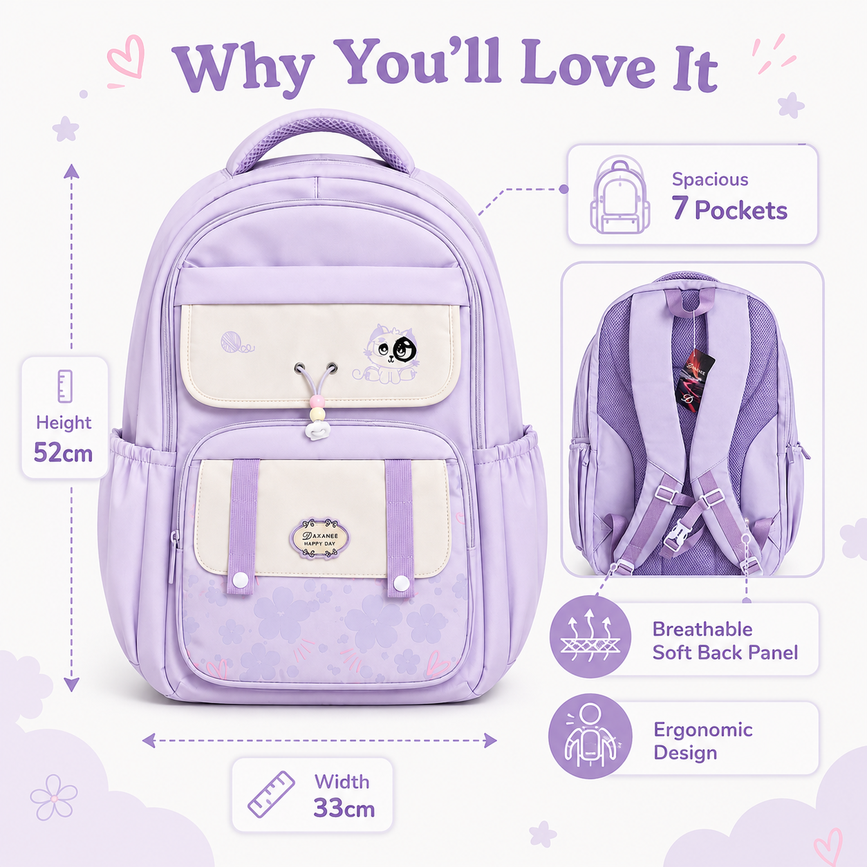 Large 7-Pocket Everyday Backpack – Lavender, 52cm