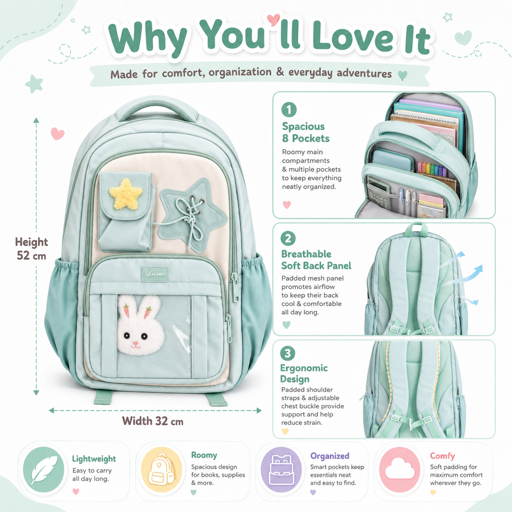Minty Bunny 8-Pocket School Backpack – 52cm
