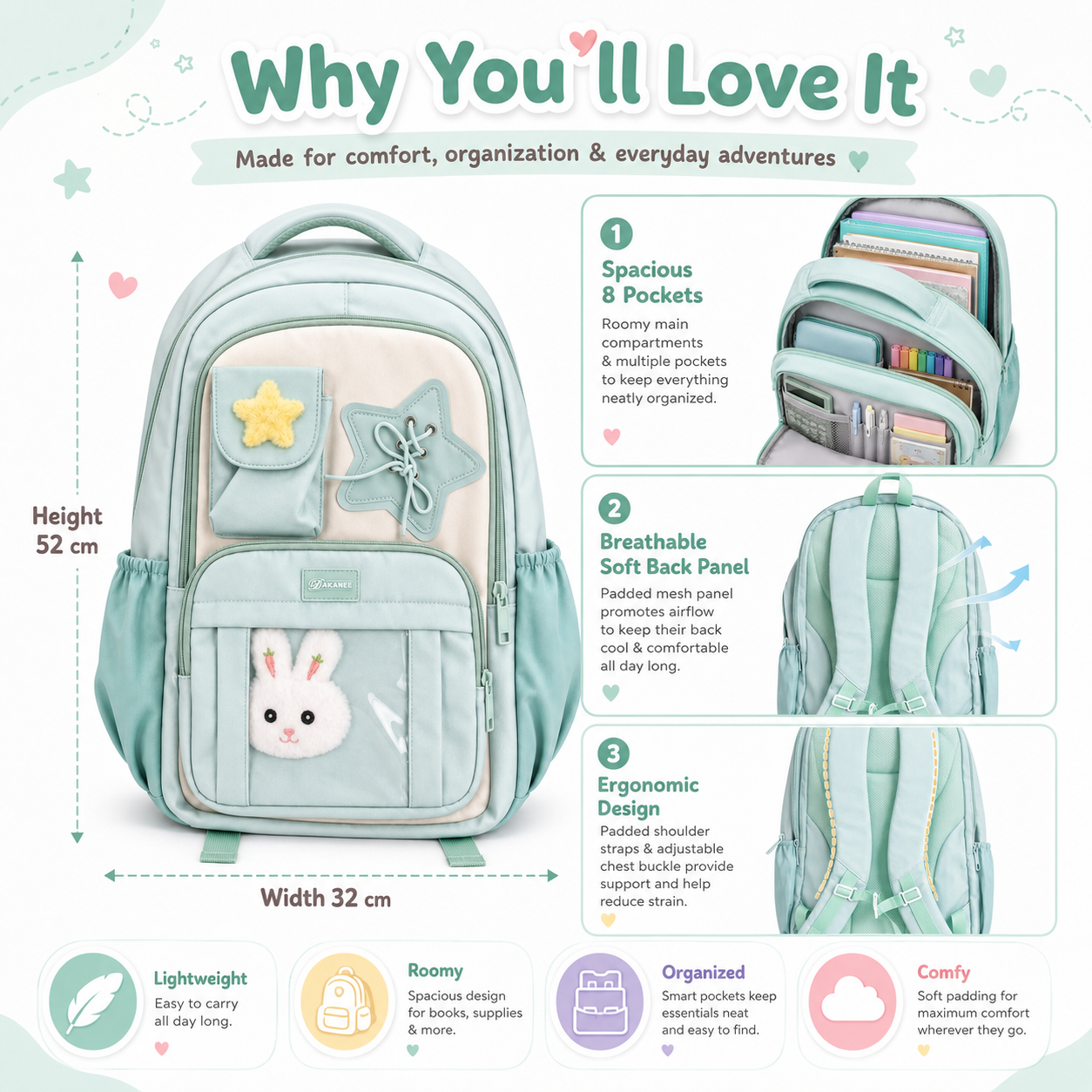 Minty Bunny 8-Pocket School Backpack – 52cm