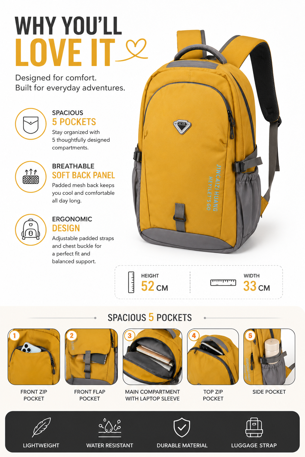 Large Water-Resistant Laptop Backpack – Mustard Yellow, 52cm