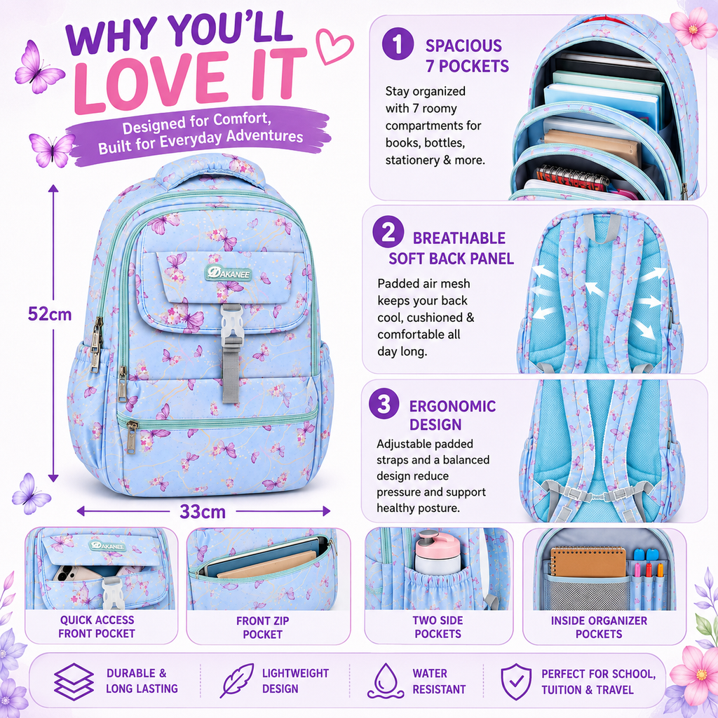 Large 7-Pocket Butterfly Floral Backpack – Sky Blue, 50cm