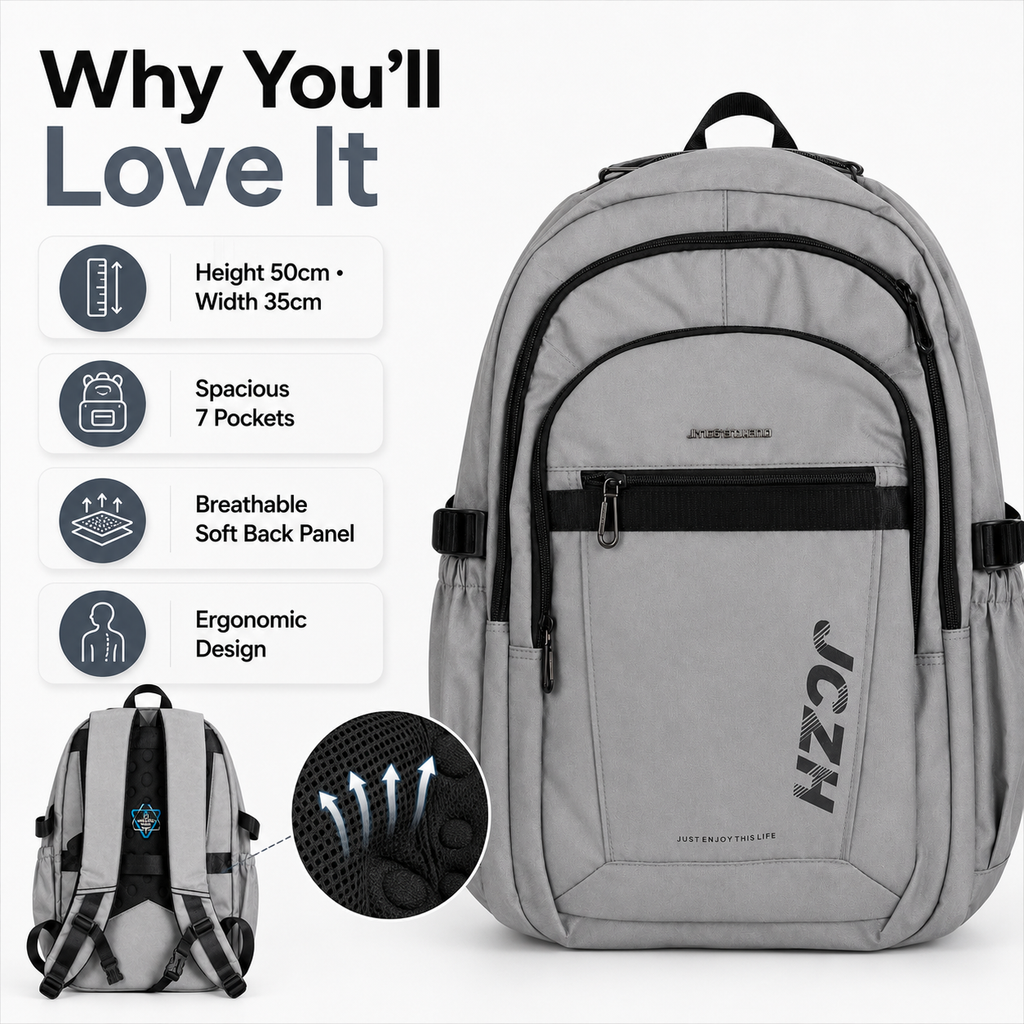 Large 7-Pocket Everyday Backpack – Grey & Black, 50cm
