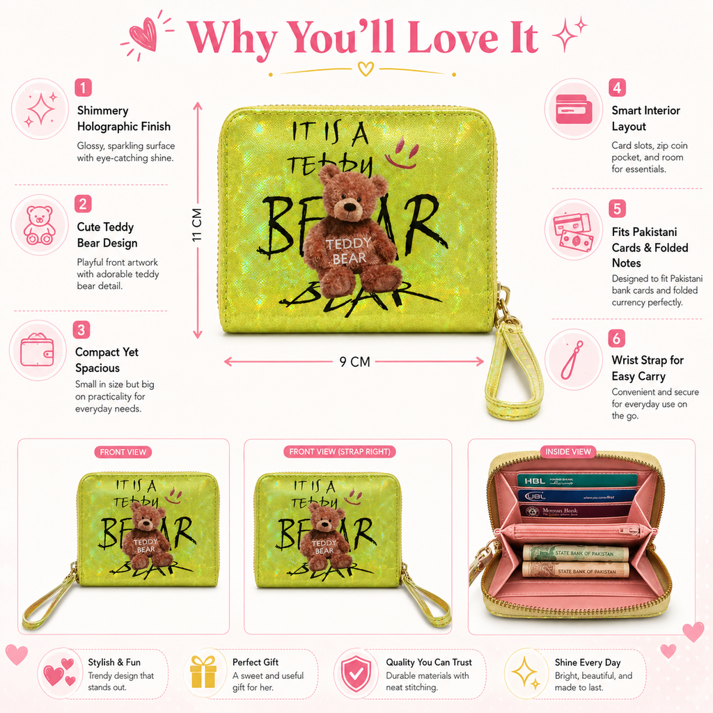 Teddy Glow Zip Clutch – Compact Card, Cash & Coin Wallet