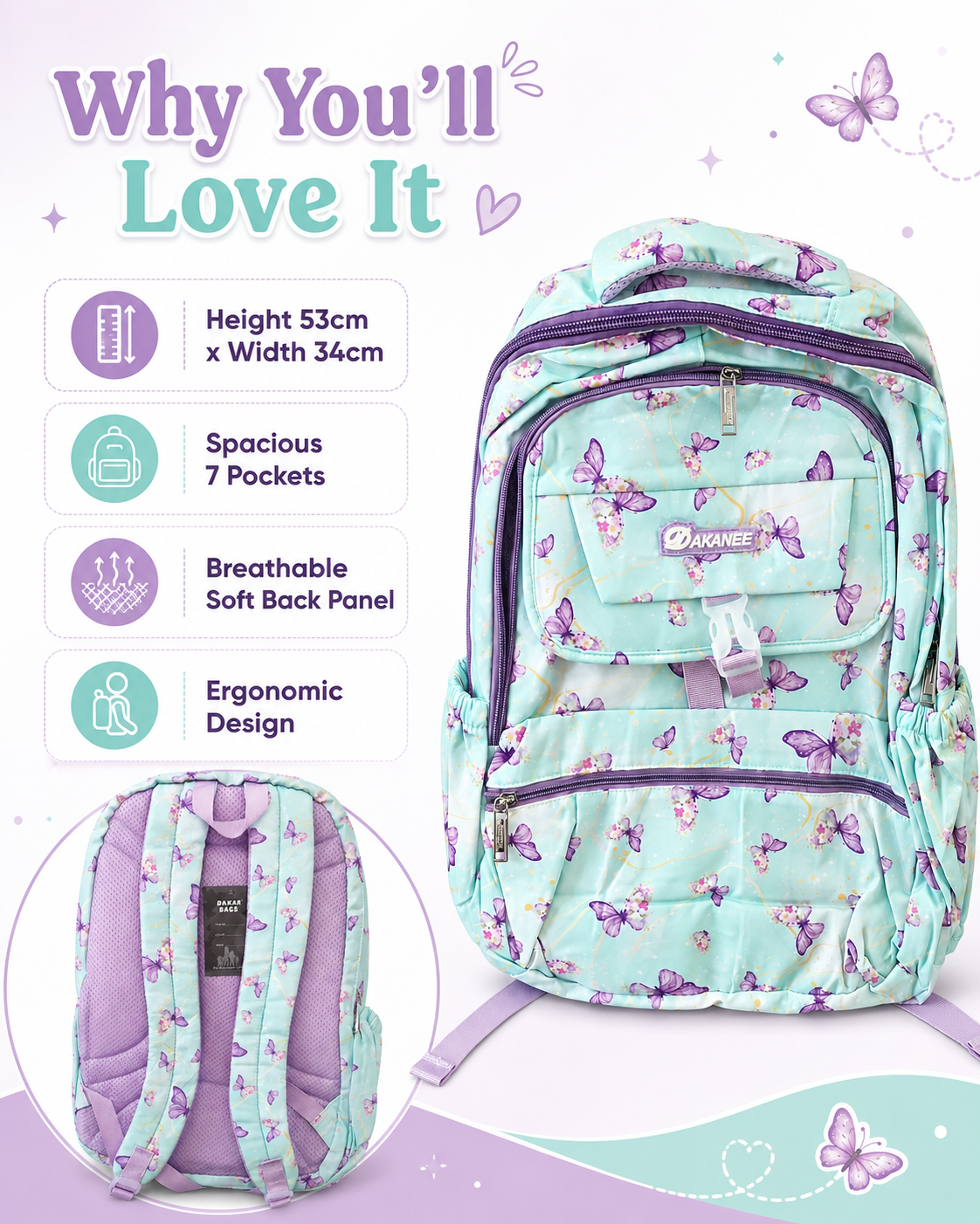 Large 7-Pocket Butterfly Floral Backpack – Mint Green, 53cm