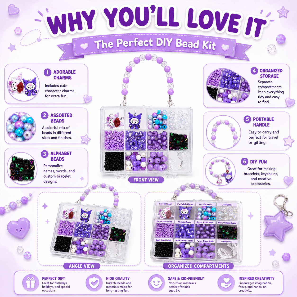 Kuromi Purple DIY Bead Charm Kit – Cute Bracelet & Keychain Making Set
