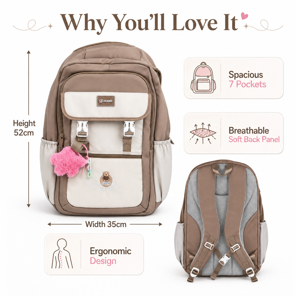 Large 7-Pocket Everyday Backpack with Star Charm – Taupe & Cream, 52cm