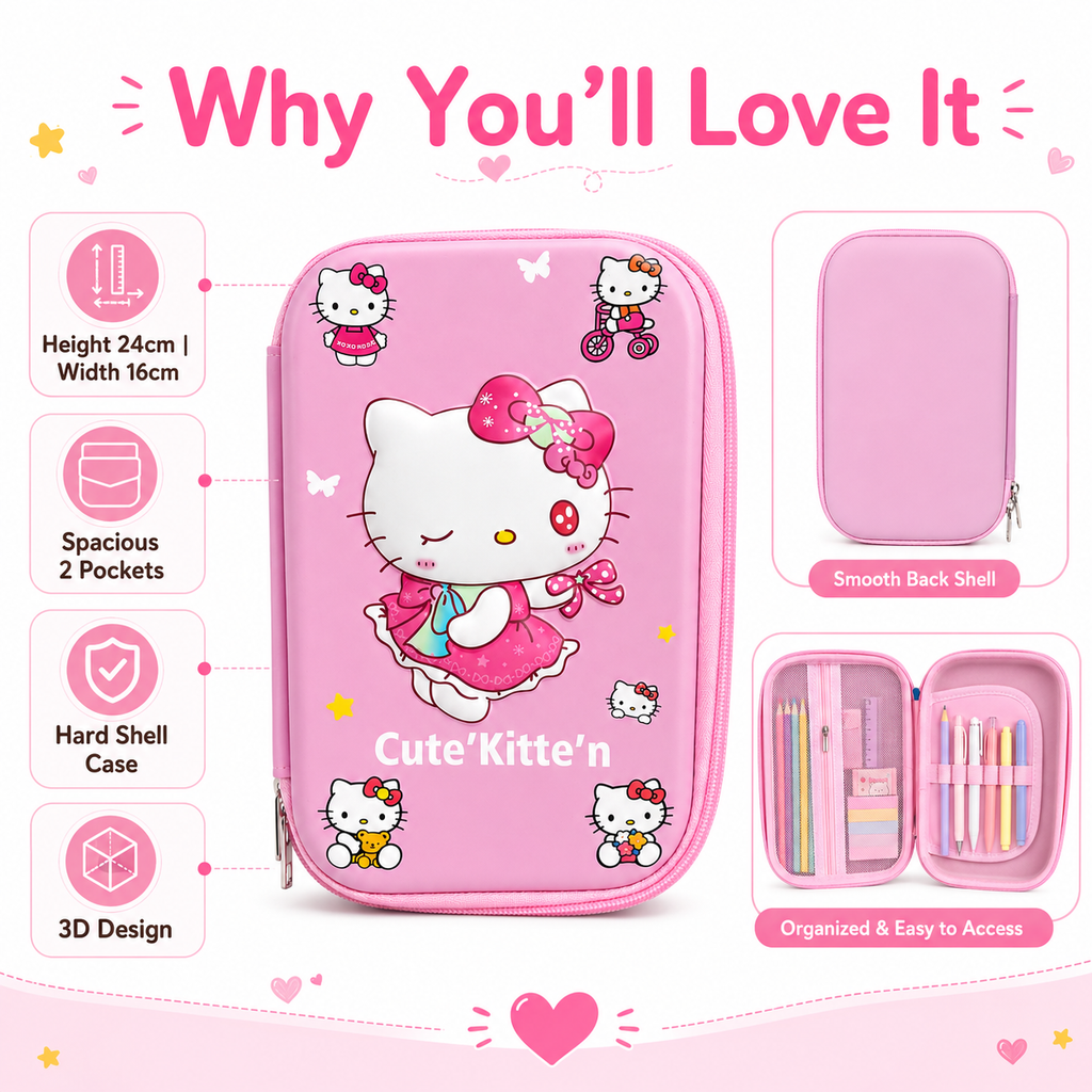 Kitty Pop 3D Hard-Shell Pencil Pouch – Pink, 24cm