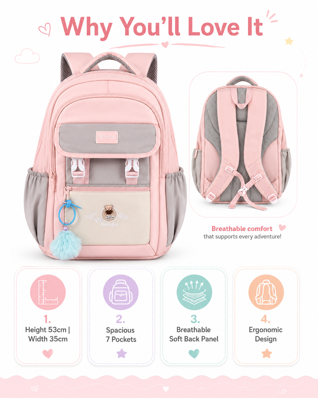 Large 7-Pocket Everyday Backpack with Pom-Pom Charm – Blush Pink, 53cm