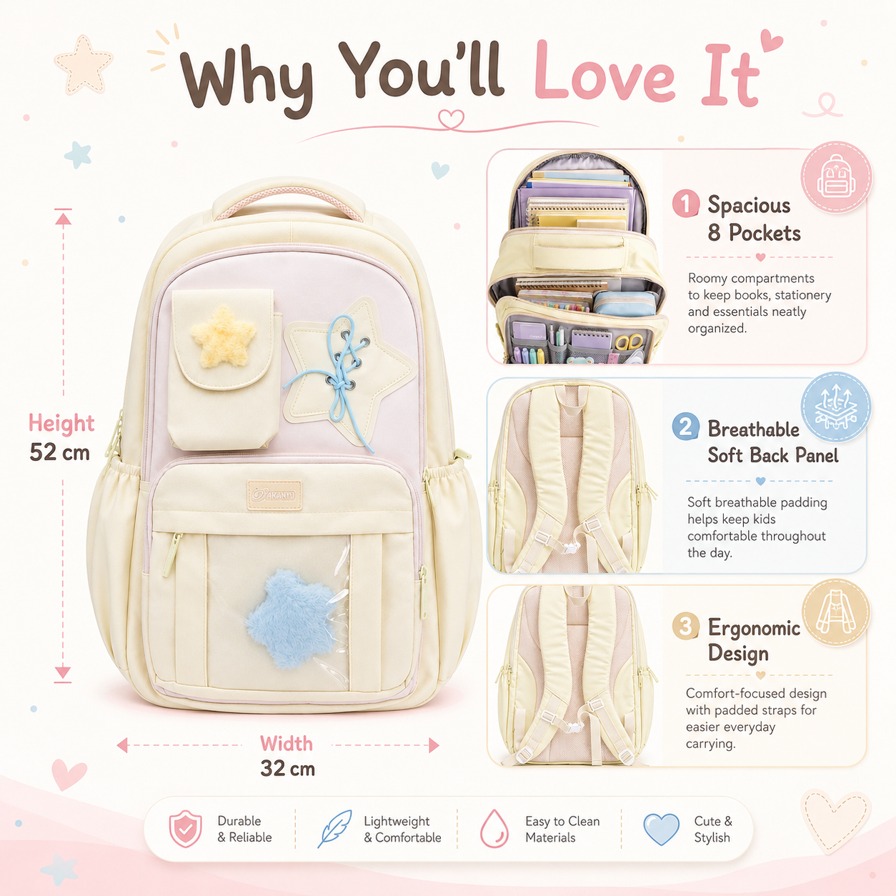 Cloudstar 8-Pocket Everyday Backpack – Cream & Blush, 52cm