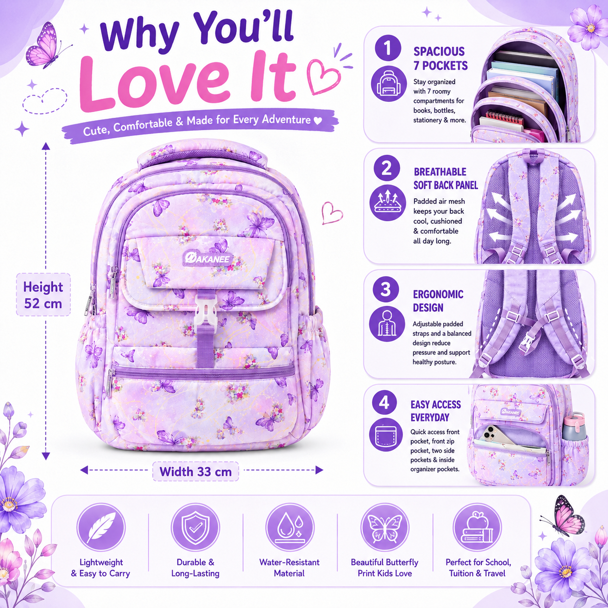 Large 7-Pocket Butterfly Floral Backpack – Lavender, 50cm
