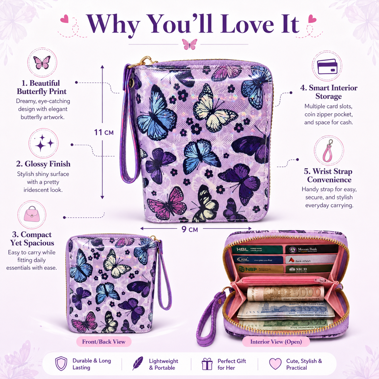 Butterfly Glow Zip Clutch – Compact Card, Cash & Coin Wallet