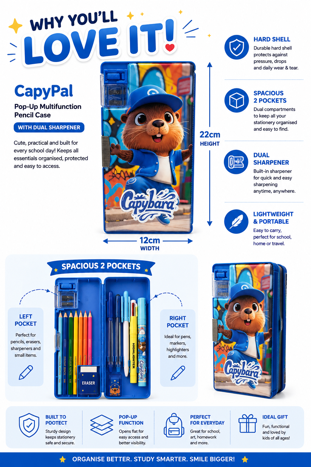 CapyPal Pop-Up Multifunction Pencil Case with Dual Sharpener – Blue, 22cm