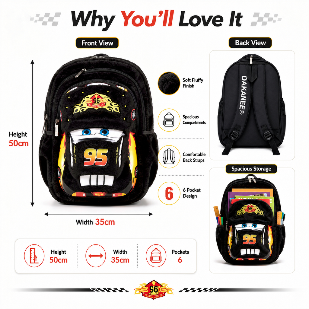 Speed Racer Fluffy School Backpack – 6 Pocket Kids School Bag