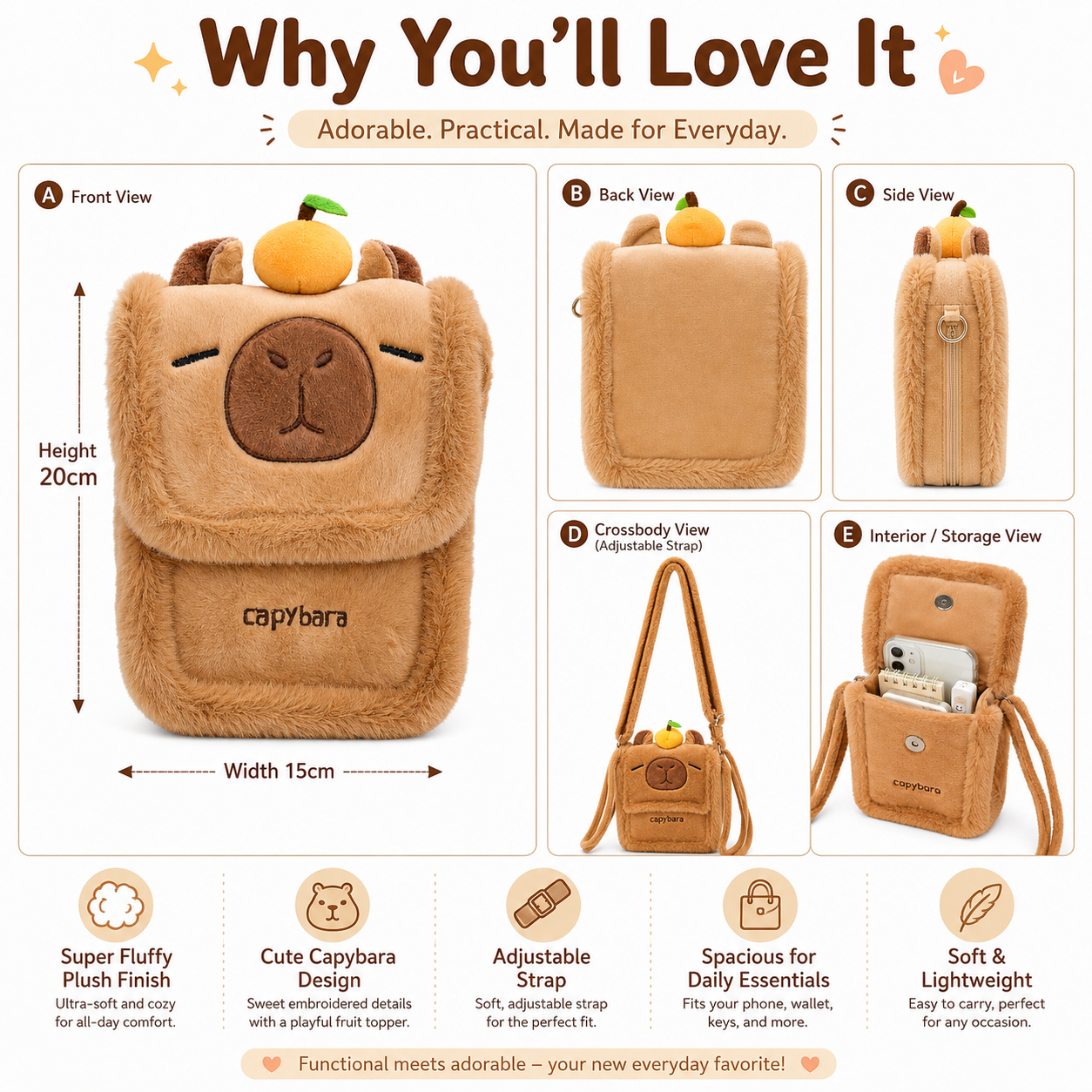 Cozy Capybara Crossbody Bag – Fluffy Mini Shoulder Bag | 20cm x 15cm