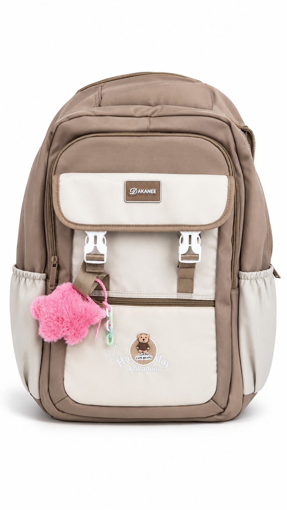 Large 7-Pocket Everyday Backpack with Star Charm – Taupe & Cream, 52cm