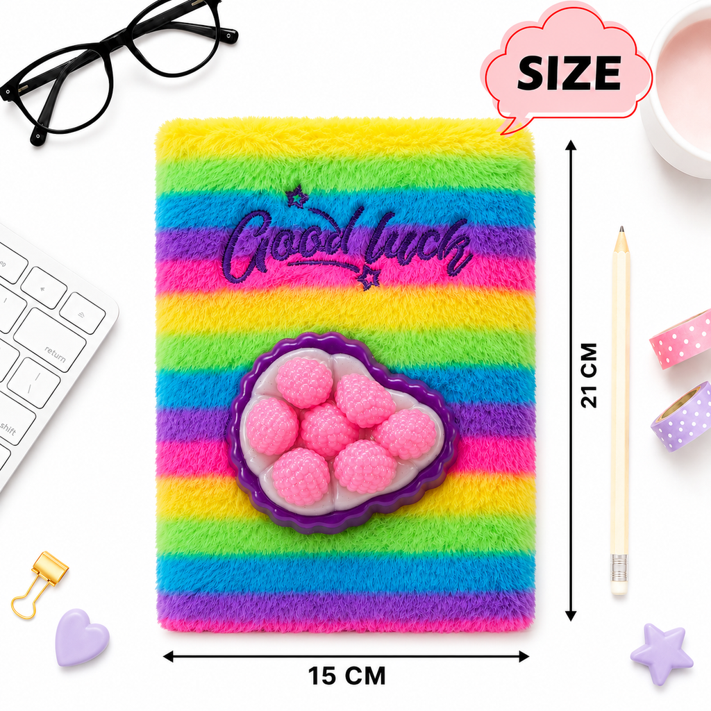 Rainbow Squishy Fuzzy Notebook – 21cm Plush Diary with Berry Squishy Cover
