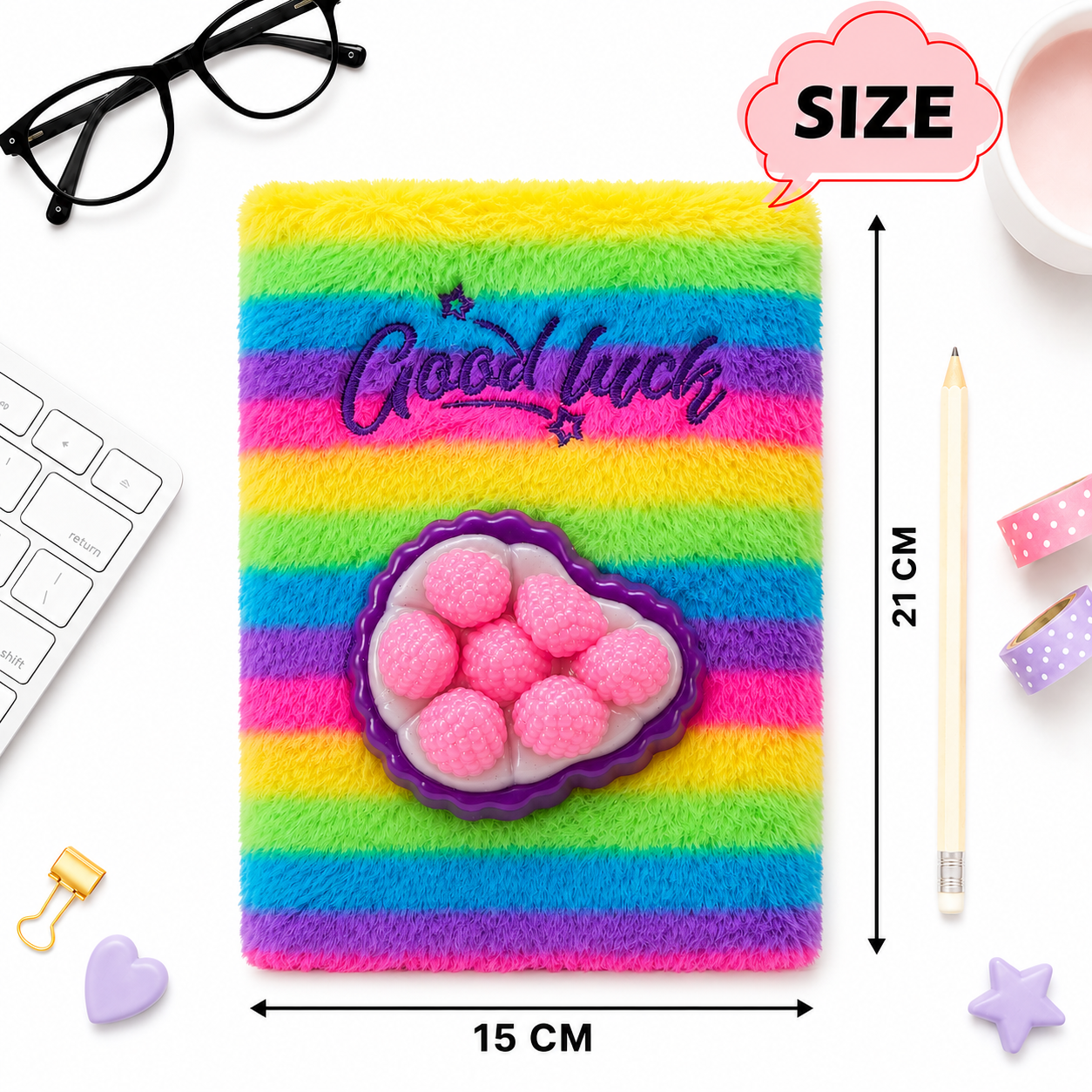 Rainbow Squishy Fuzzy Notebook – 21cm Plush Diary with Berry Squishy Cover