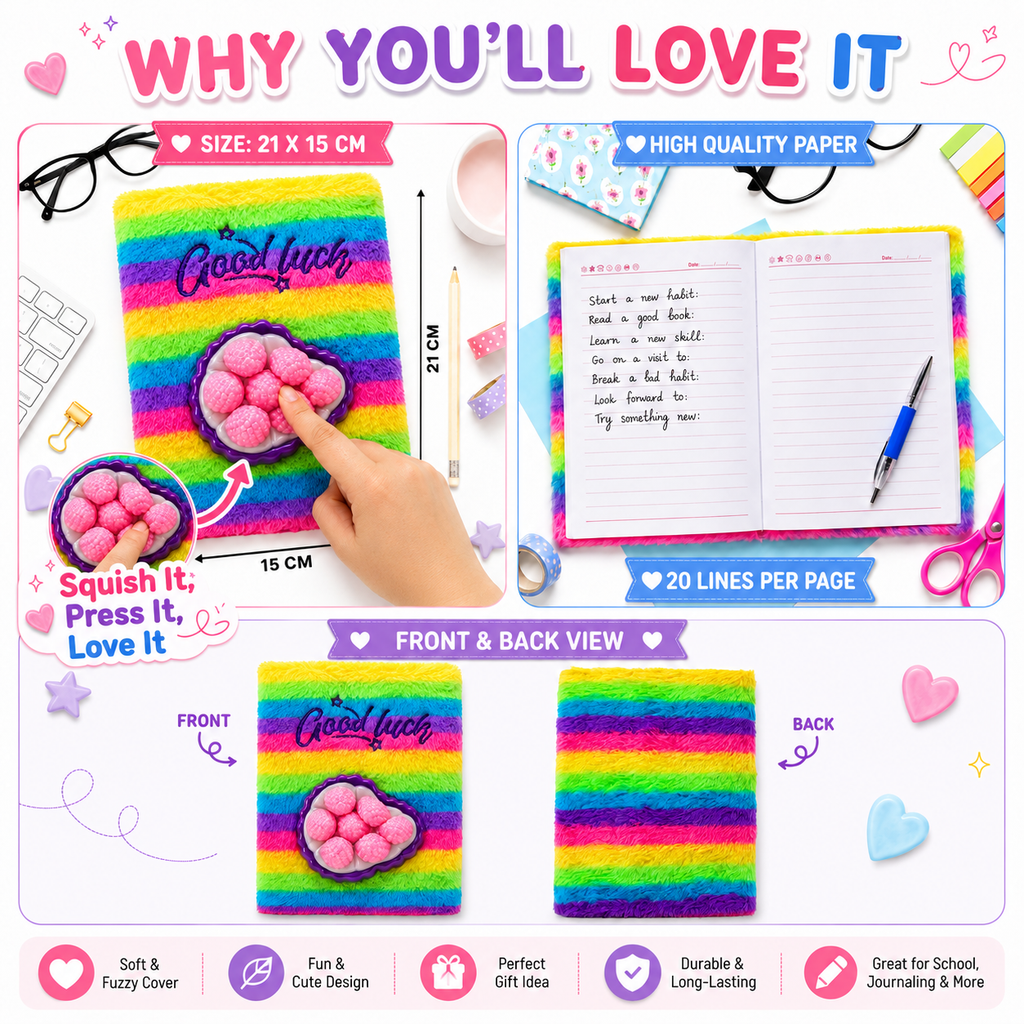 Rainbow Squishy Fuzzy Notebook – 21cm Plush Diary with Berry Squishy Cover
