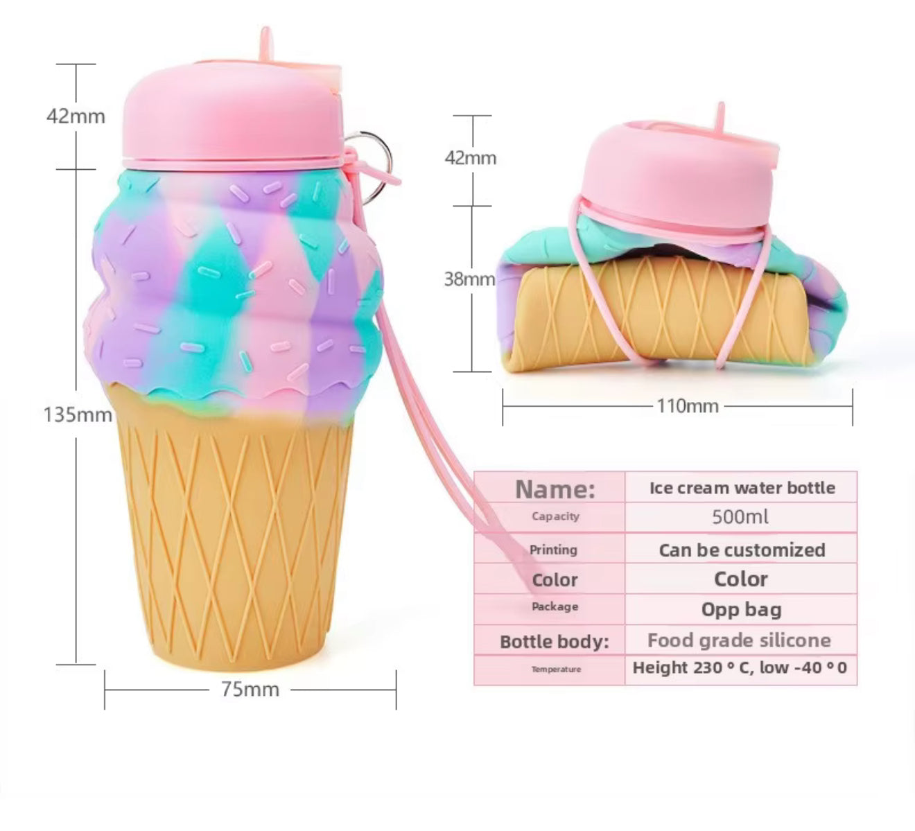 Ice Cream Cone Foldable Water Bottle | Silicone | 500ml
