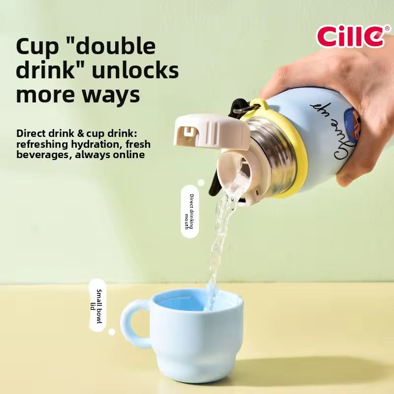 Cille Kids Stainless Steel Water Bottle | With Cup Lid & Carry Strap | 450ml