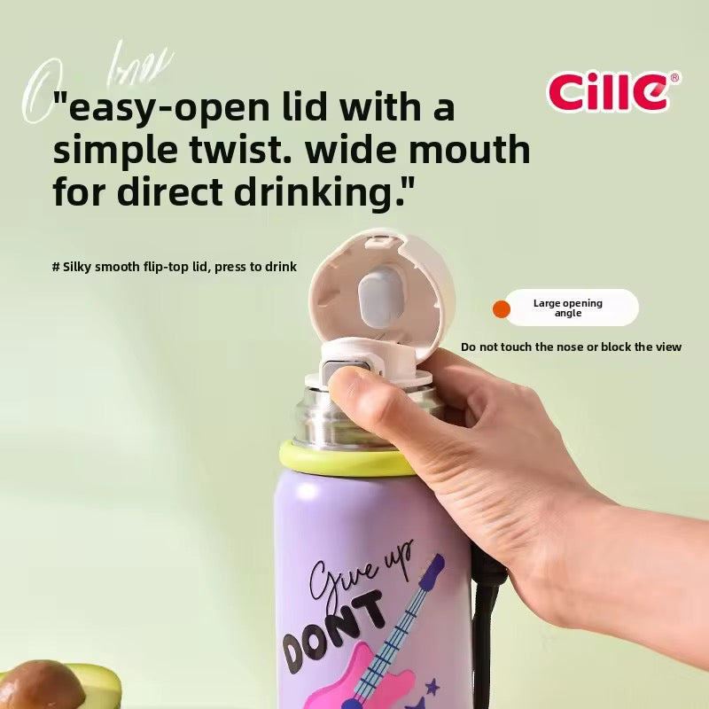 Cille Kids Stainless Steel Water Bottle | With Cup Lid & Carry Strap | 450ml