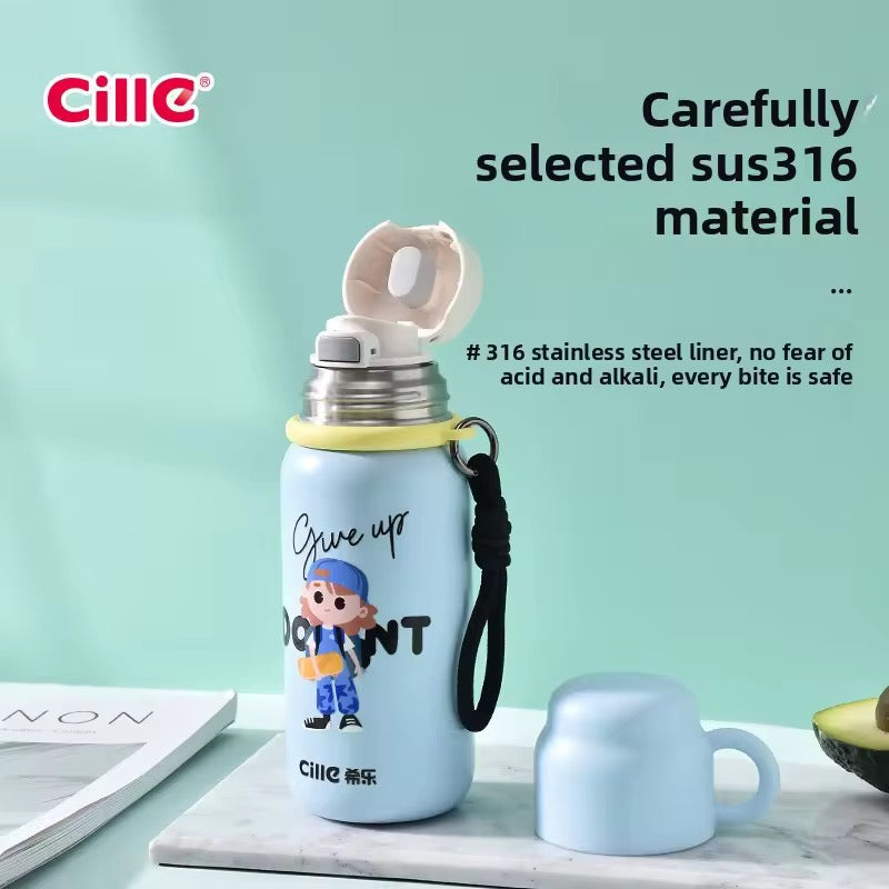 Cille Kids Stainless Steel Water Bottle | With Cup Lid & Carry Strap | 450ml