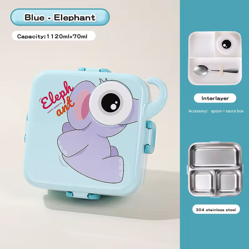 Elephant Kids Lunch Box | 1120ml Stainless Steel Bento Box with Spoon & Sauce Pot
