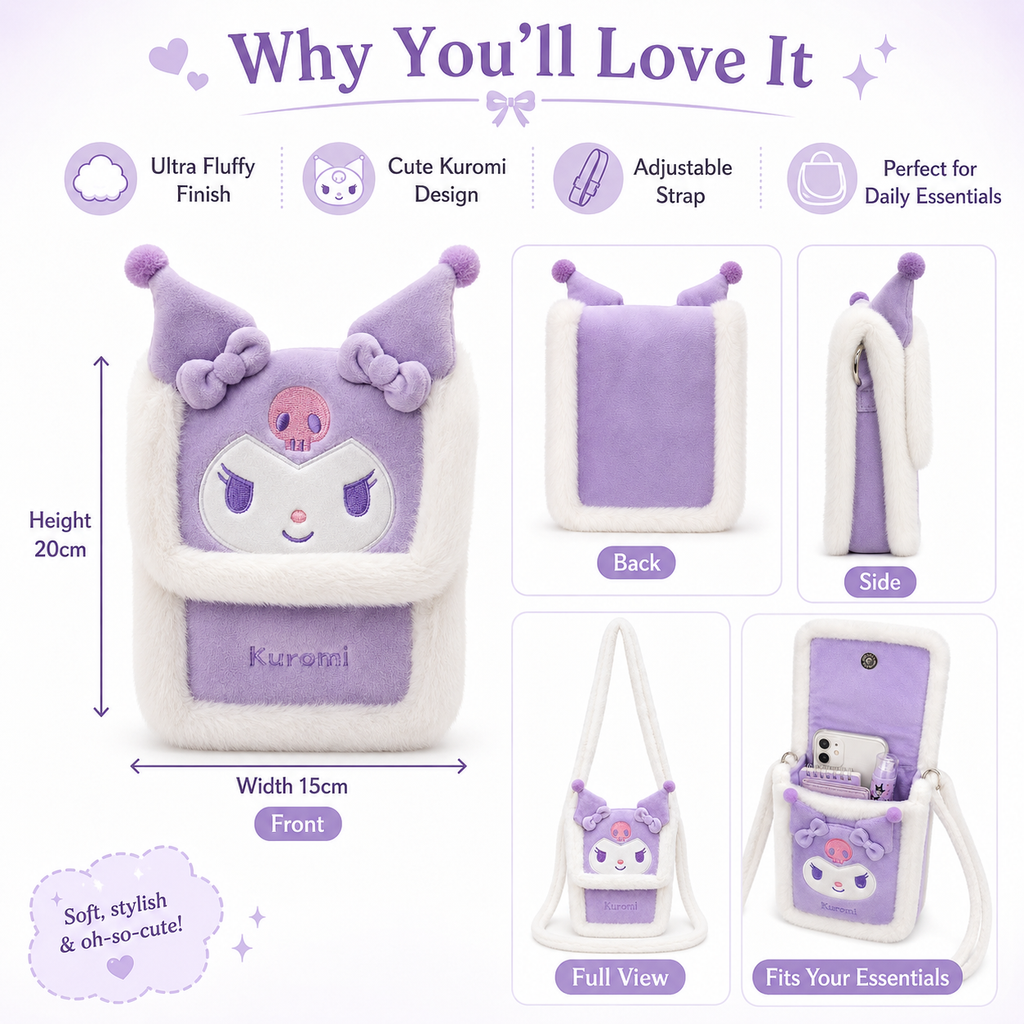 Kuromi Fluffy Crossbody Bag – Purple Plush Mini Shoulder Bag |