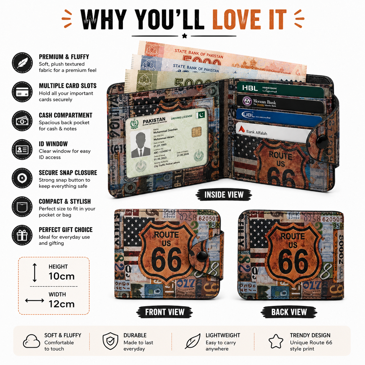 Route 66 Adventure Wallet – Compact Snap Wallet | 12cm x 10cm