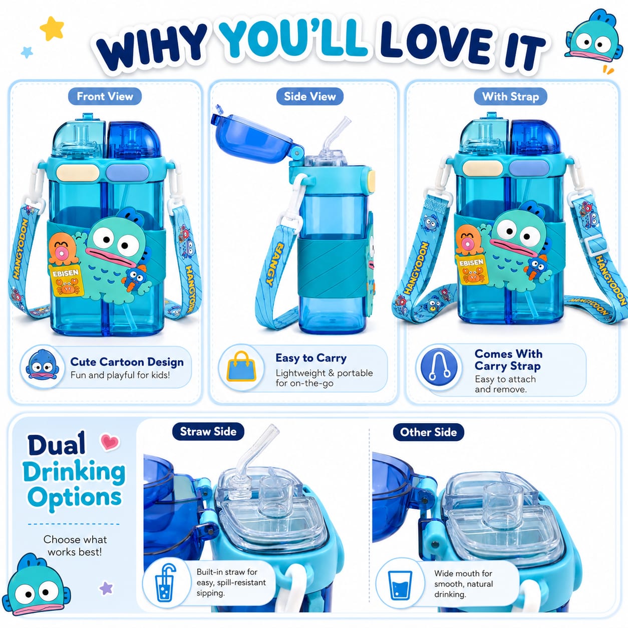 Aqua Buddy Dual-Sip Kids Water Bottle with Strap