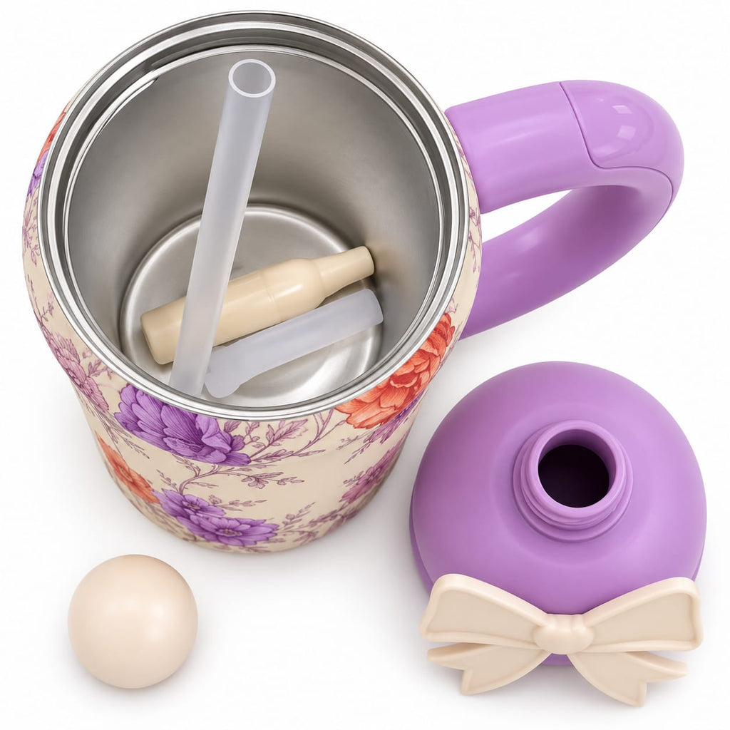Floral Bow Sipper Bottle – Purple Floral Straw Bottle with Handle