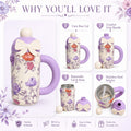 Floral Bow Sipper Bottle – Purple Floral Straw Bottle with Handle