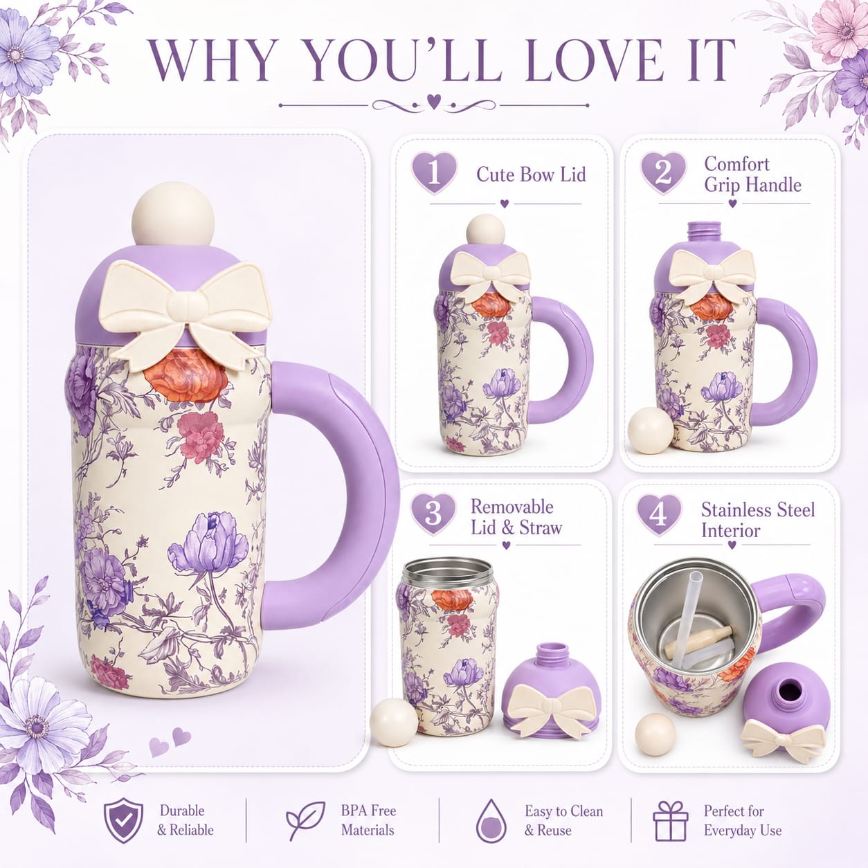 Floral Bow Sipper Bottle – Purple Floral Straw Bottle with Handle
