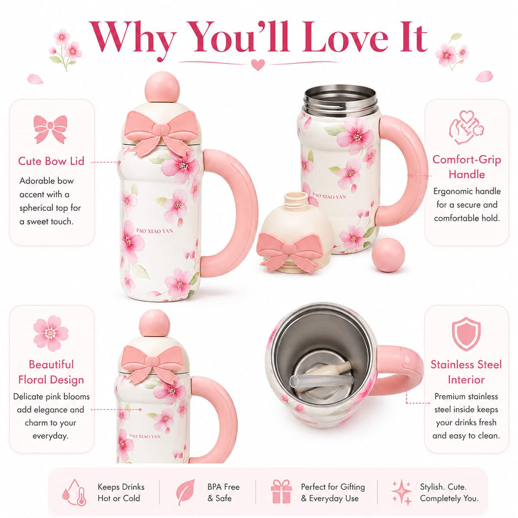 Blush Bloom Bow Sipper Bottle – Pink Floral Straw Bottle with Handle
