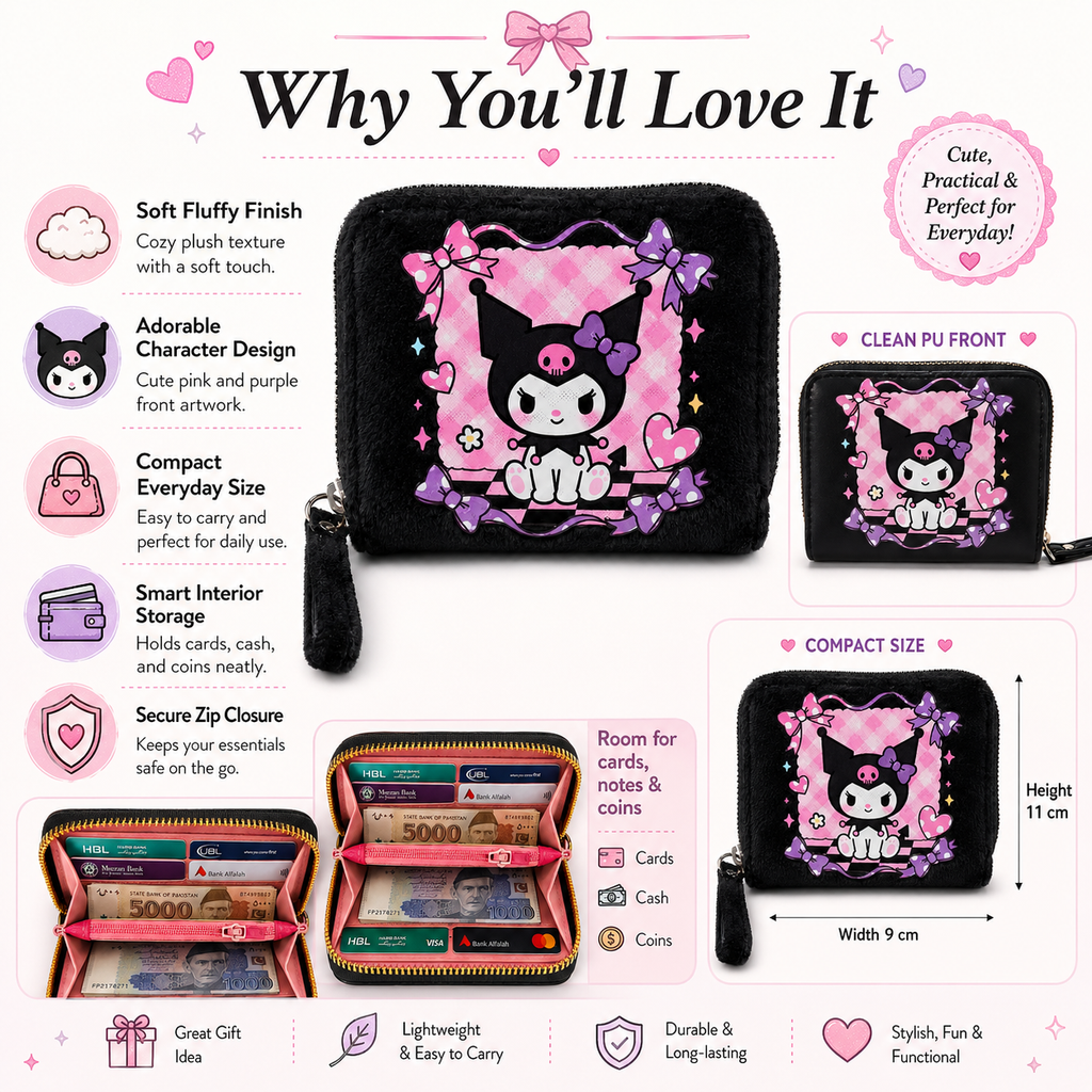 Kawaii Kuromi Fluffy Zip Wallet – Compact Card, Cash & Coin Purse