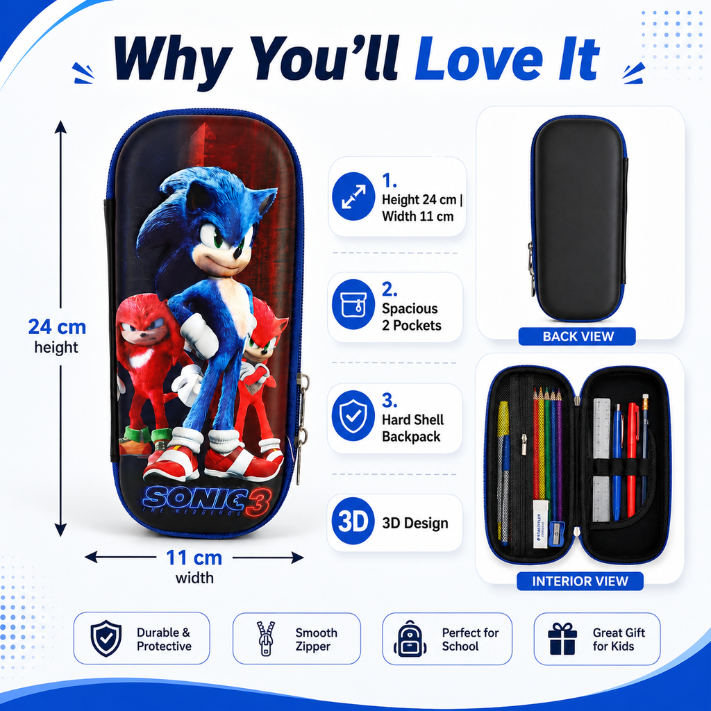 Sonic the Hedgehog 3 3D Hard-Shell Pencil Pouch – Blue, 24cm
