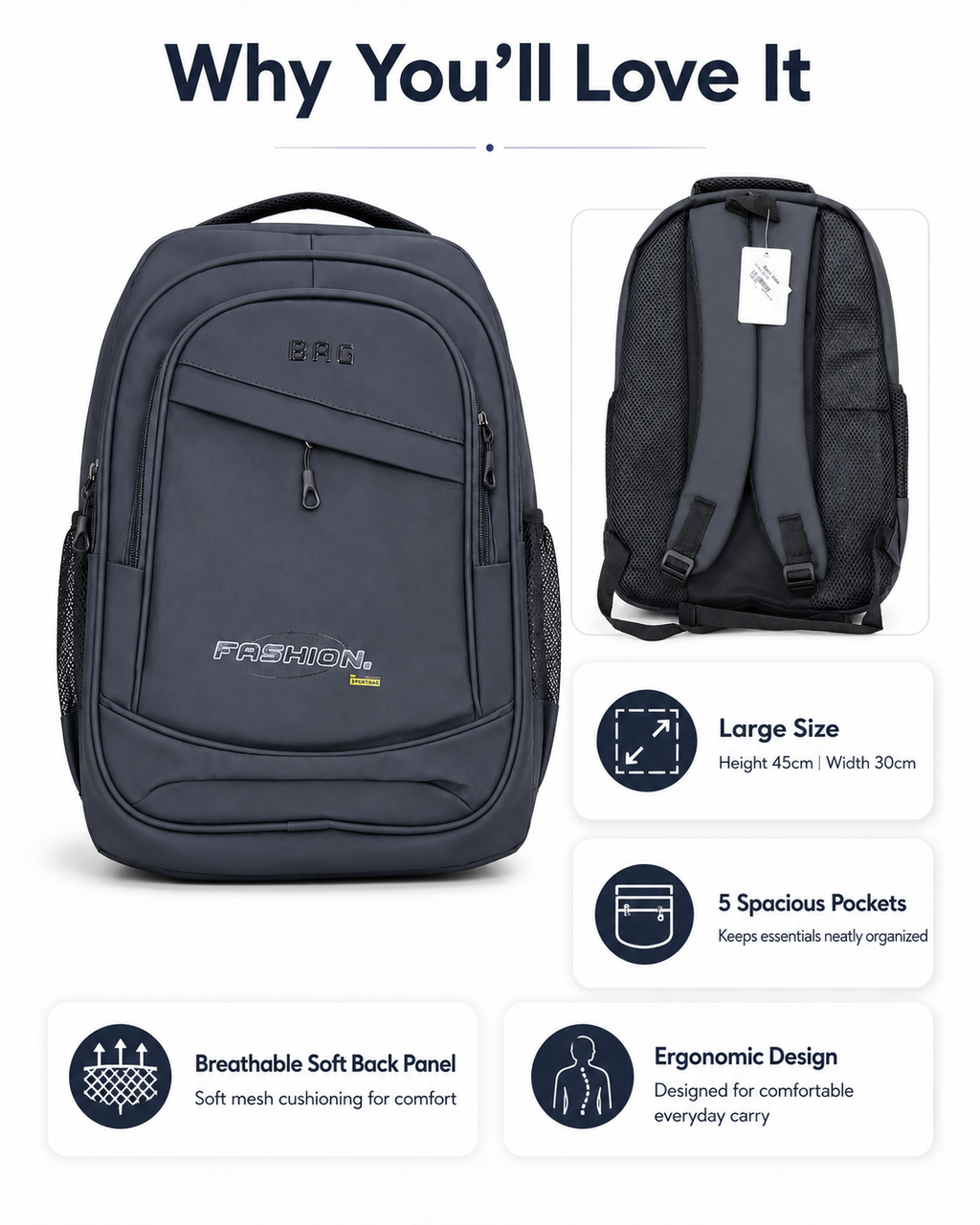 Large Multi-Compartment Everyday Backpack – Grey, 45cm