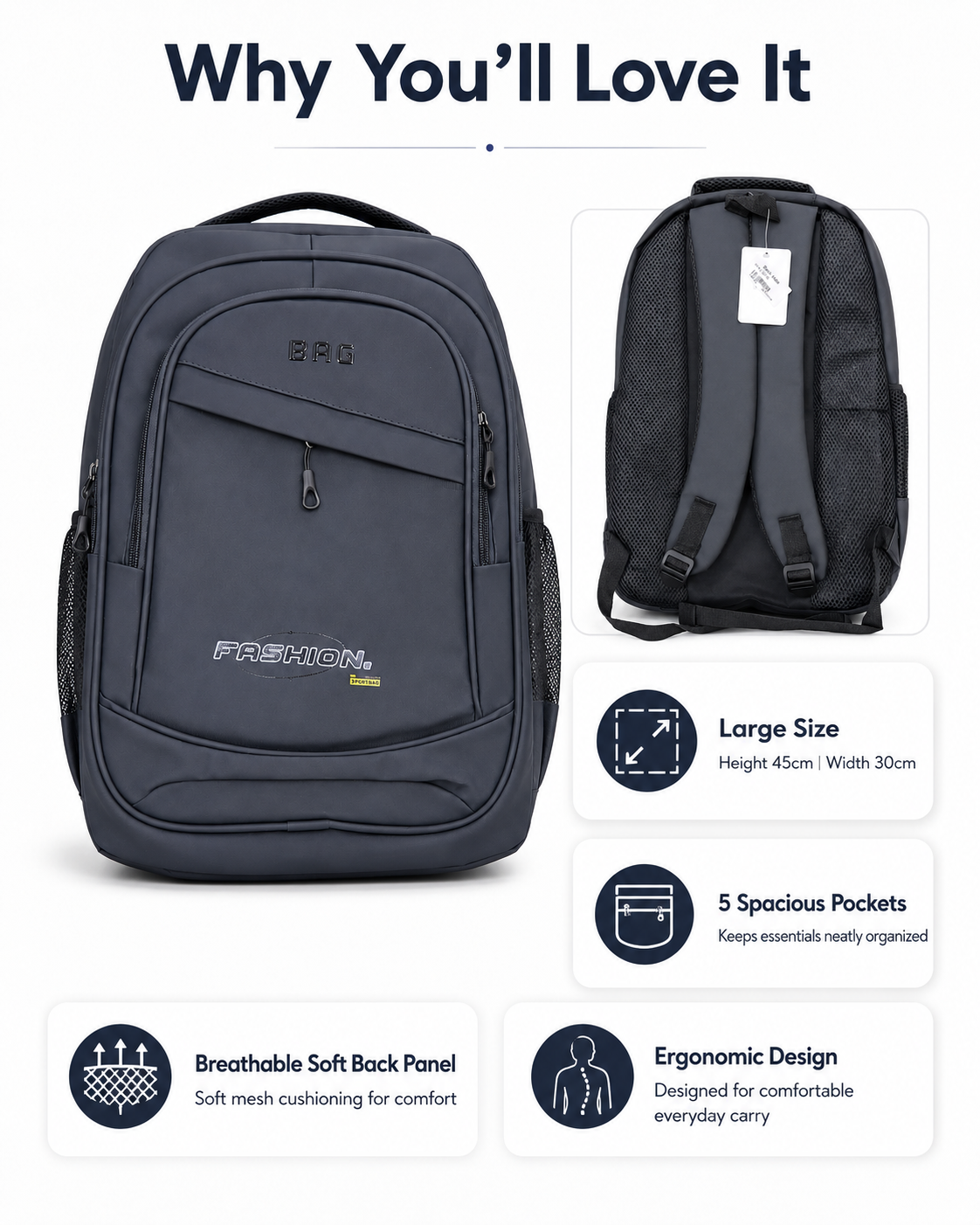 Large Multi-Compartment Everyday Backpack – Grey, 45cm