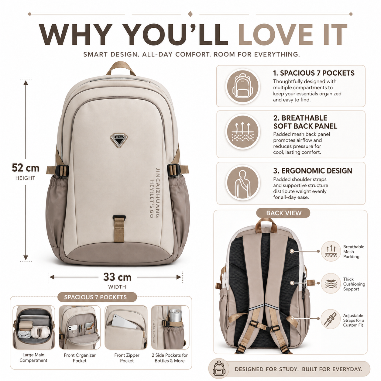 Large 5-Pocket Everyday Backpack – Ivory & Taupe, 52cm