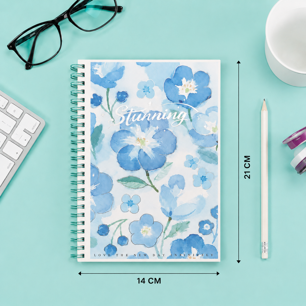 Stunning Blue Floral Spiral Notebook – 21cm x 14cm