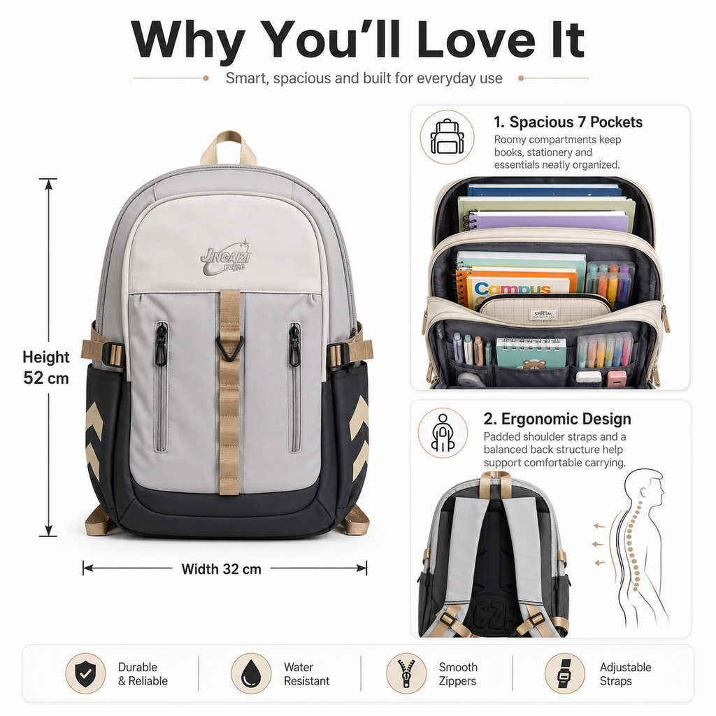 Urban Axis 7-Pocket Everyday Backpack – Grey & Black, 52cm